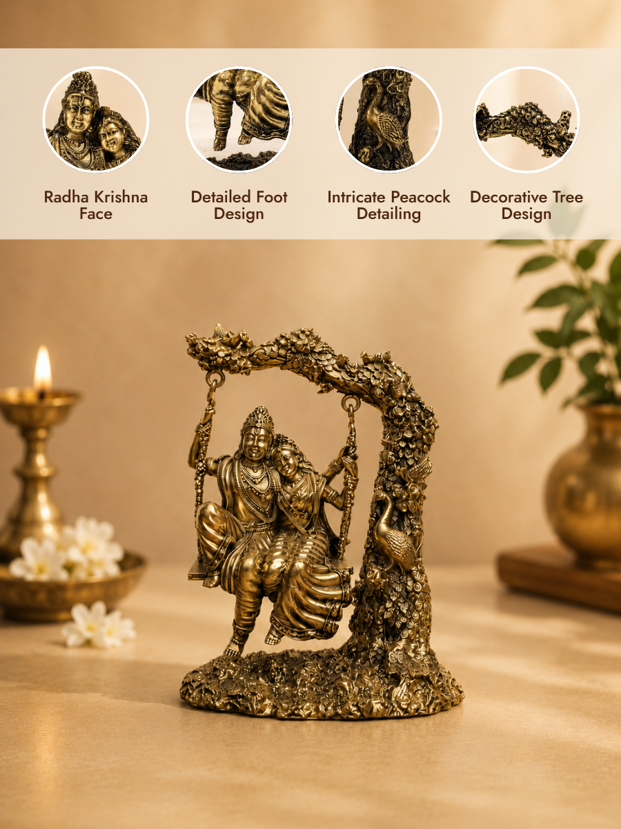 Pure Brass Radha Krishna Jhula Antique Finish Showpiece for Home Decor