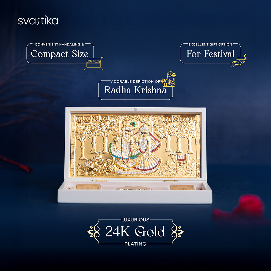 Kamdhenu Cow with Calf Idol - Gold & Silver Plated (2.5 inch) with Svastika Radhe Krishna Pocket Temple - Gold Plated (Small) - Combo