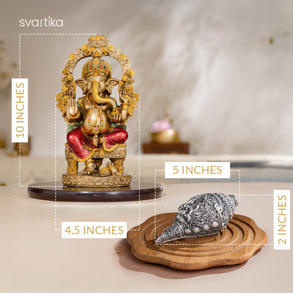 Rustic Ganesha Antique Murti (10 Inch) with Ganesh Shankh (Conch) - Silver Plated (5 Inch) - Combo