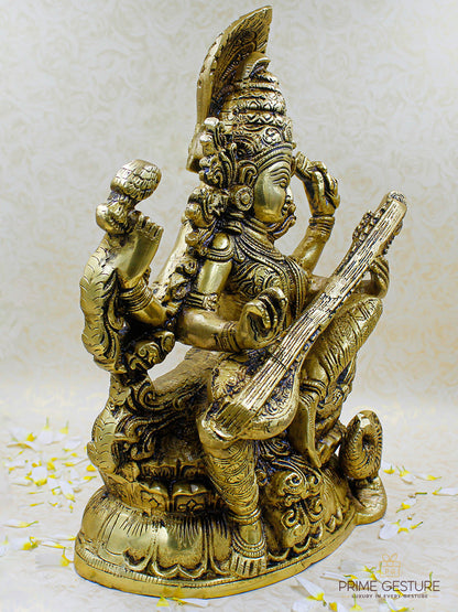 Brass Maa Saraswati Statue Seated on Lotus