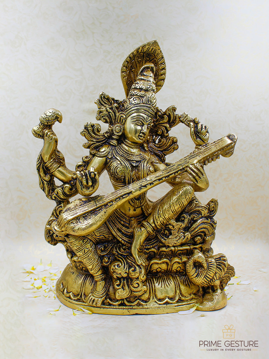Brass Maa Saraswati Statue Seated on Lotus