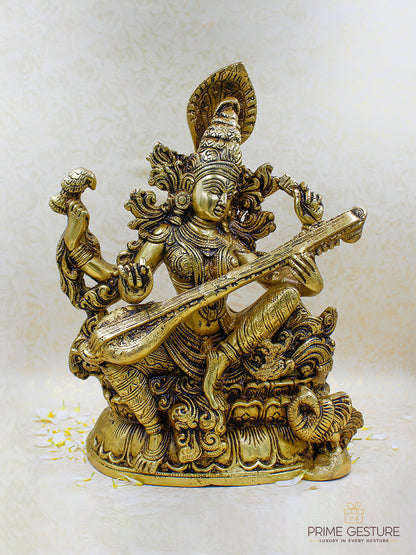 Brass Maa Saraswati Statue Seated on Lotus
