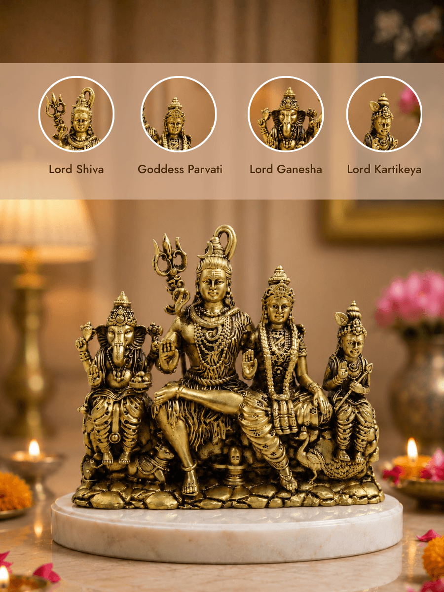 Shiv Parivar Antique Gold Finish Idol for Home Temple and Gifting