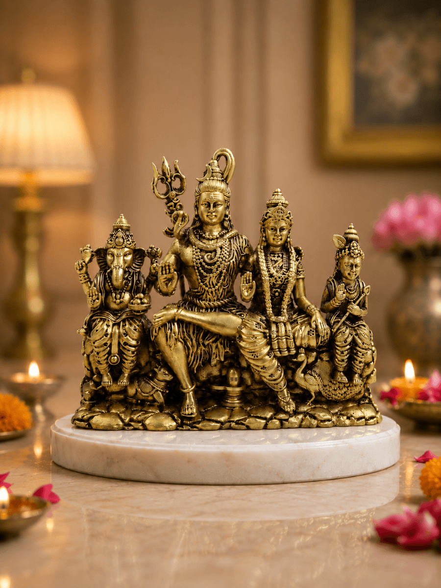 Shiv Parivar Antique Gold Finish Idol for Home Temple and Gifting