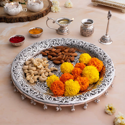 German Silver Pooja Thali Set with Ghungroo (12 Inch)