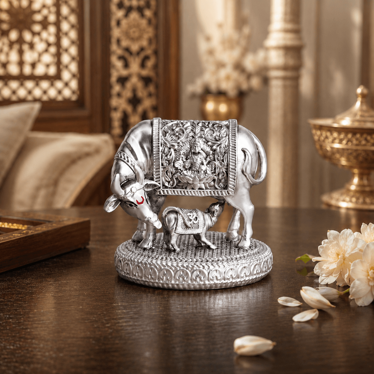 Silver plated  Kamdhenu Cow with Calf Idol