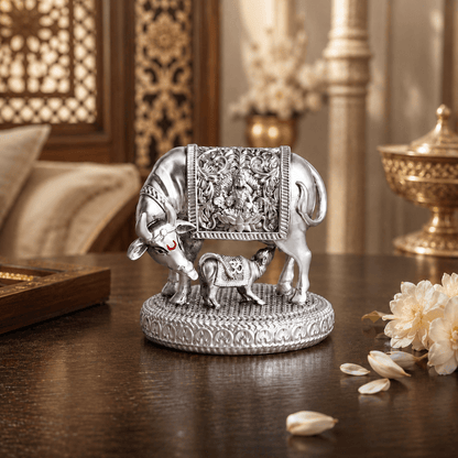 Silver plated  Kamdhenu Cow with Calf Idol