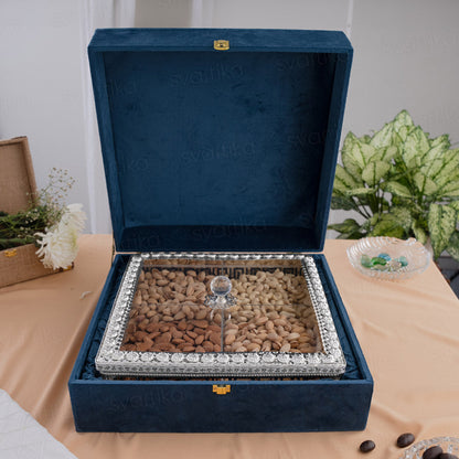Sqaure Dry Fruit Box With Transparent Lid - German Silver (12 Inch)