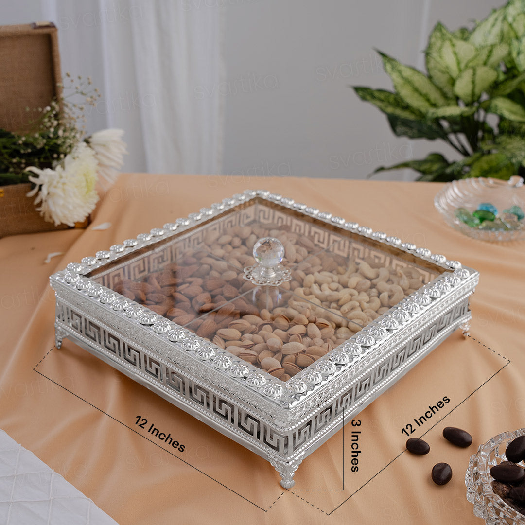Sqaure Dry Fruit Box With Transparent Lid - German Silver (12 Inch)