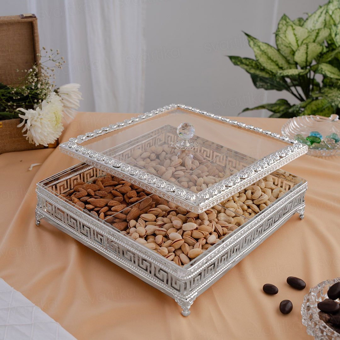 Sqaure Dry Fruit Box With Transparent Lid - German Silver (12 Inch)