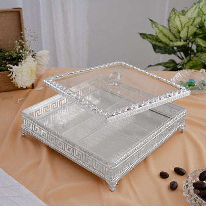 Sqaure Dry Fruit Box With Transparent Lid - German Silver (12 Inch)