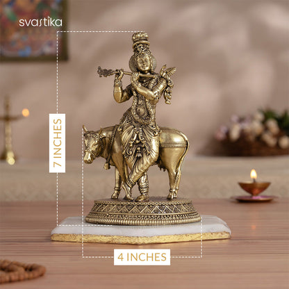 Brass Standing Krishna Statue with Cow (7 Inch)