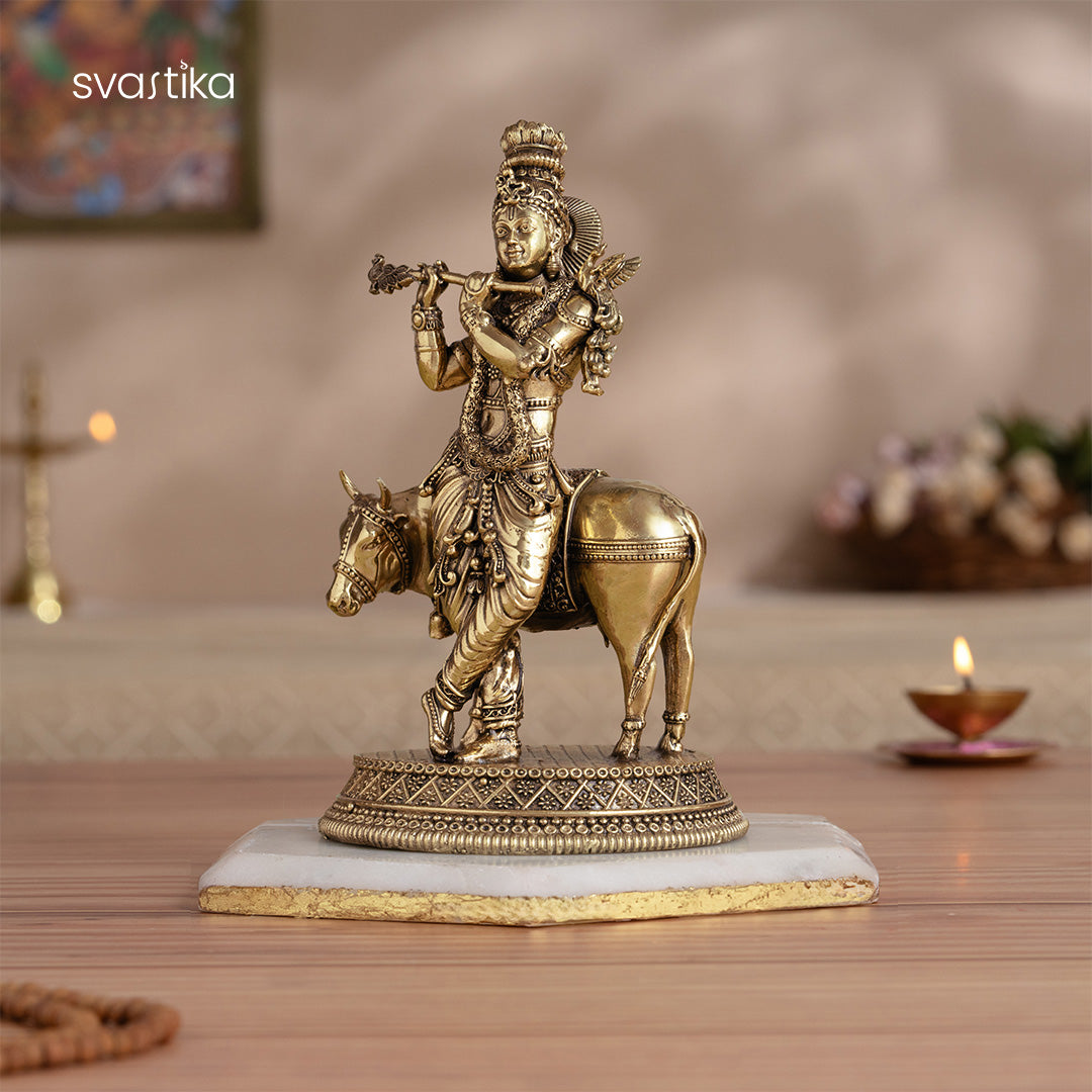 Brass Standing Krishna Statue with Cow (7 Inch)