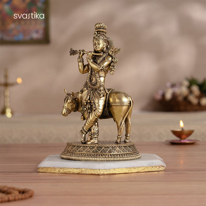 Brass Standing Krishna Statue with Cow (7 Inch)