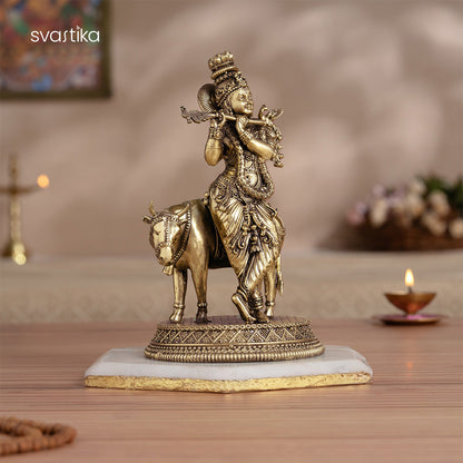 Brass Standing Krishna Statue with Cow (7 Inch)