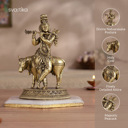 Brass Standing Krishna Statue with Cow (7 Inch)