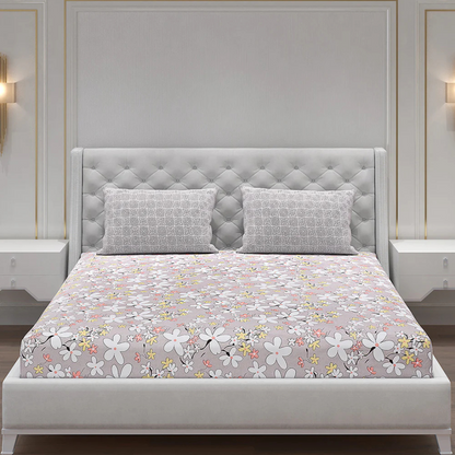 Light Grey Floral Print Double Bedsheet with 2 Coordinate Pillow Covers