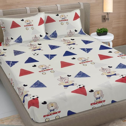 Multicolor Cartoon Print  Cotton Blend King Size Bedsheet with 2 Pillow Covers