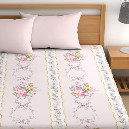 Pink & White King Size Glace Cotton Double bedsheet with 2 Pillow Covers