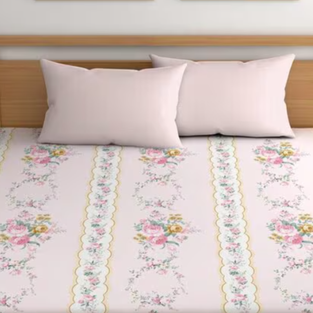 Pink & White King Size Glace Cotton Double bedsheet with 2 Pillow Covers