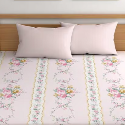 Pink & White King Size Glace Cotton Double bedsheet with 2 Pillow Covers