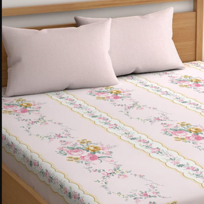 Pink & White King Size Glace Cotton Double bedsheet with 2 Pillow Covers
