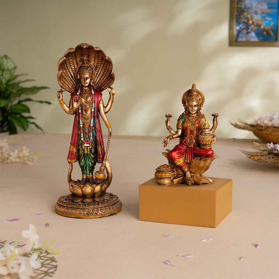 Lord Vishnu & Goddess Lakshmi Antique Murti Set (12 Inch & 7 Inch)