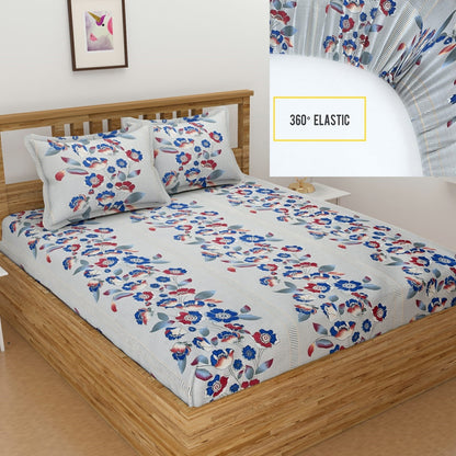 Multi Floral Elastic fitted  Cotton Blend Double Size Bedsheet with 2 Pillow Cover