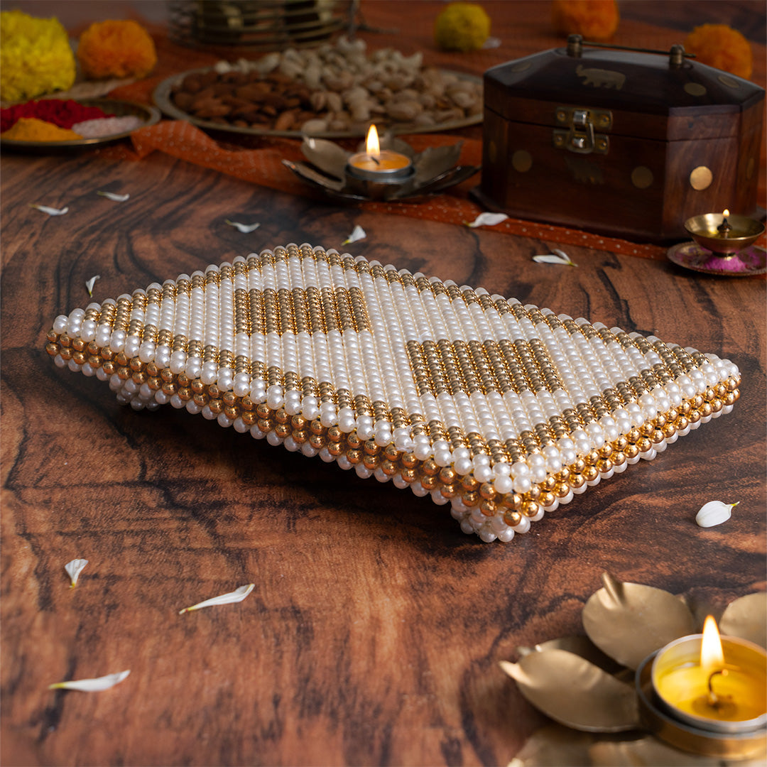 White & Gold Pearl Pooja Chowki