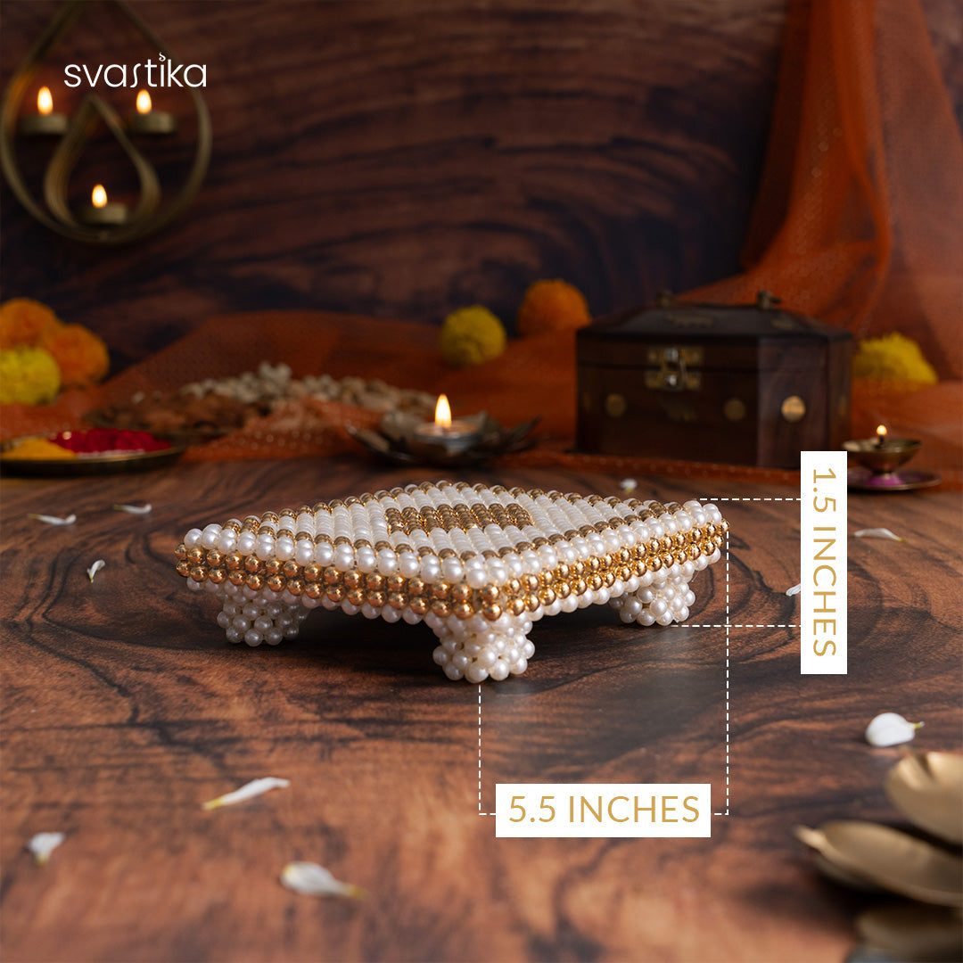 White & Gold Pearl Pooja Chowki