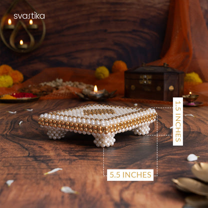 White & Gold Pearl Pooja Chowki