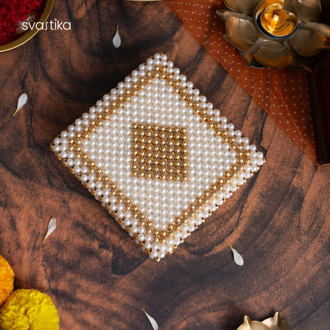 White & Gold Pearl Pooja Chowki
