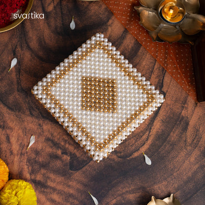 White & Gold Pearl Pooja Chowki