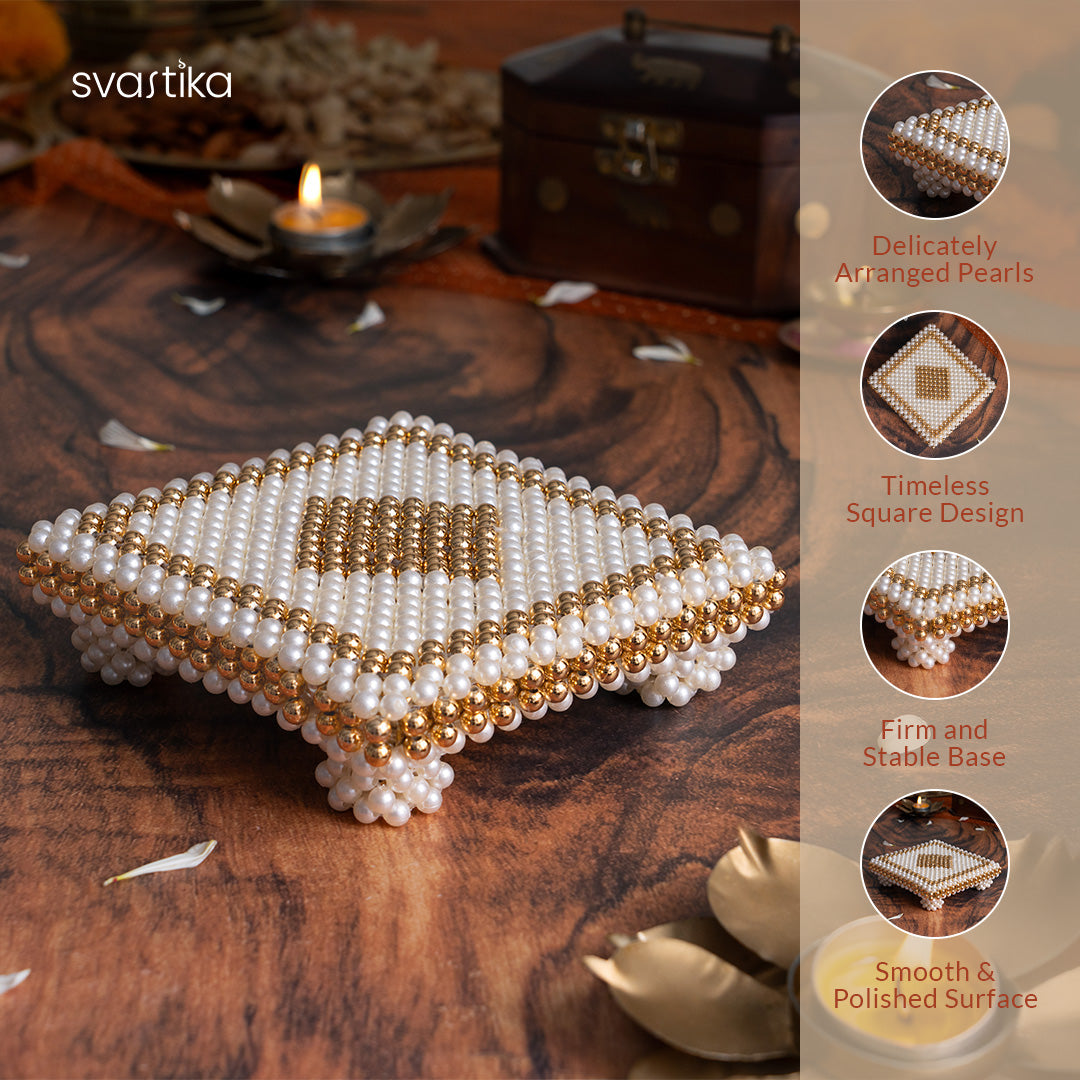 White & Gold Pearl Pooja Chowki