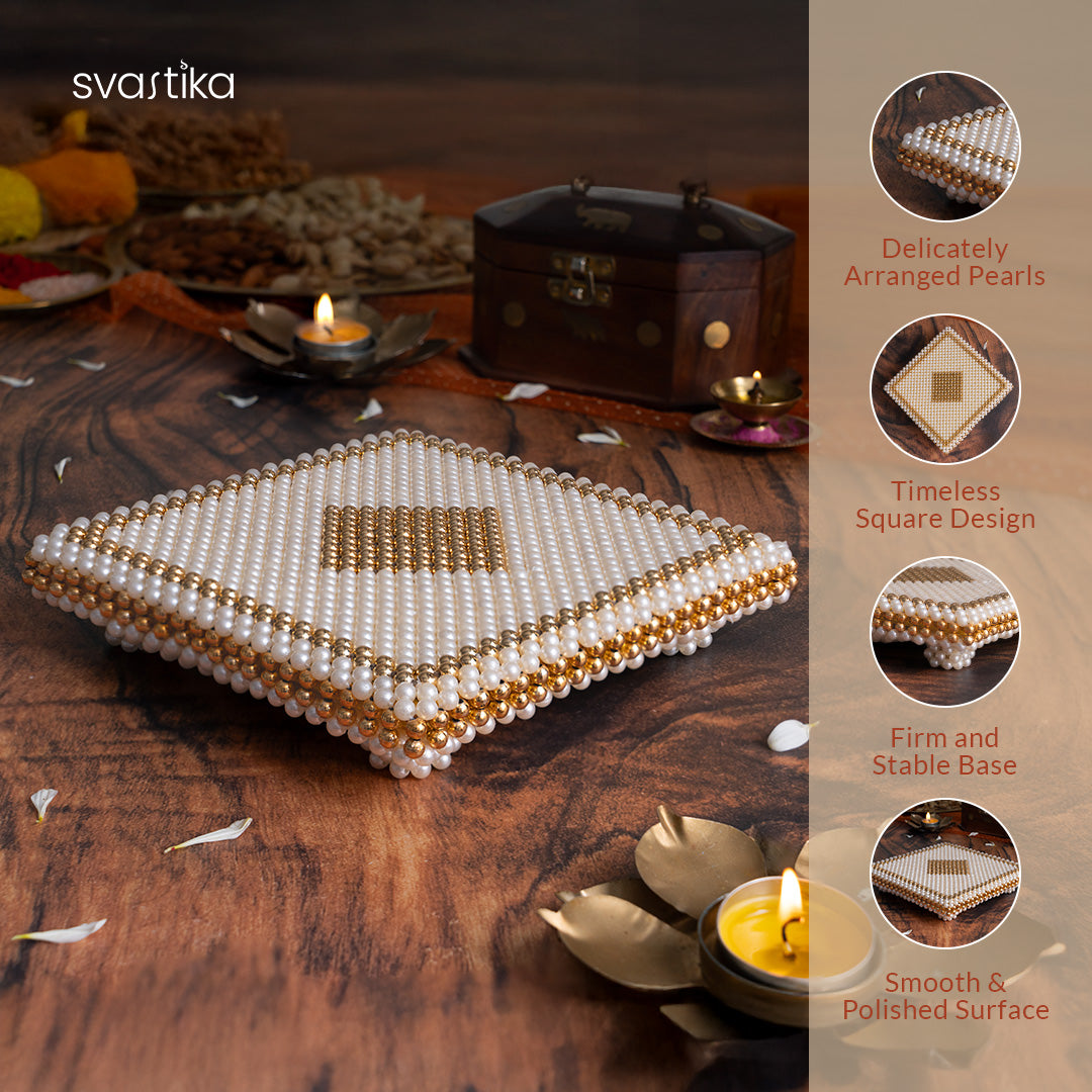 White & Gold Pearl Pooja Chowki