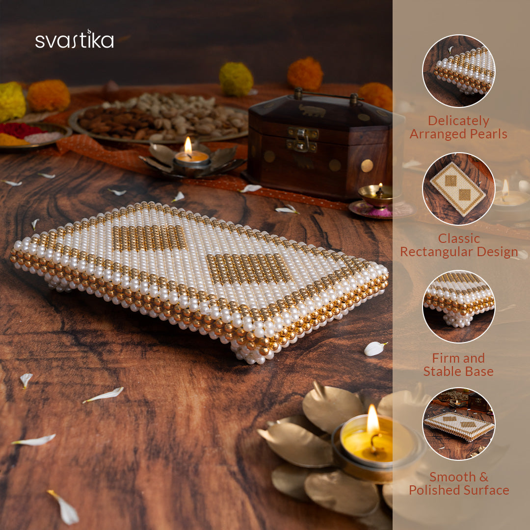 White & Gold Pearl Pooja Chowki