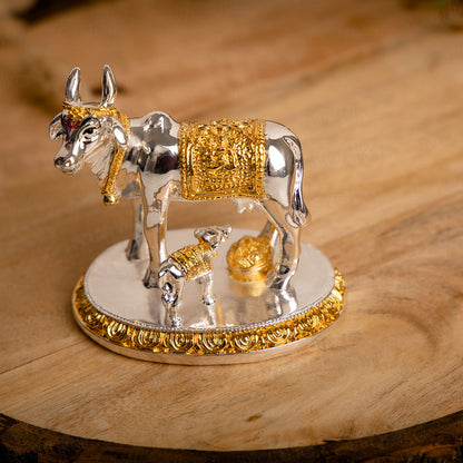 Auspicious Kamdhenu Cow with Calf Idol | Gold and Silver Plated