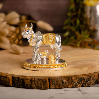 Auspicious Kamdhenu Cow with Calf Idol | Gold and Silver Plated