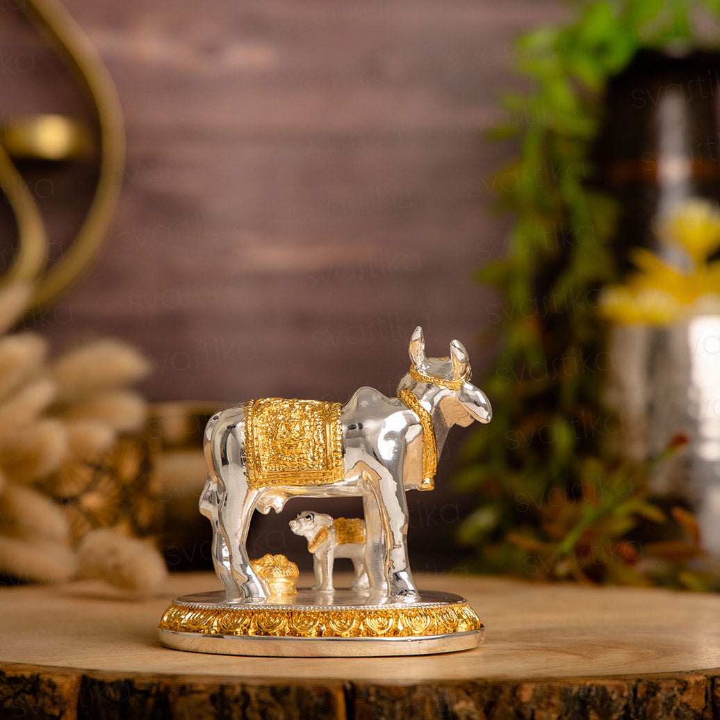 Auspicious Kamdhenu Cow with Calf Idol | Gold and Silver Plated