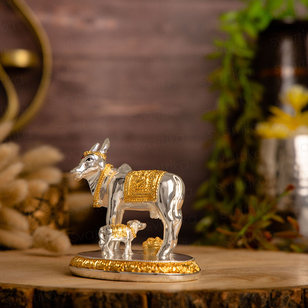 Auspicious Kamdhenu Cow with Calf Idol | Gold and Silver Plated