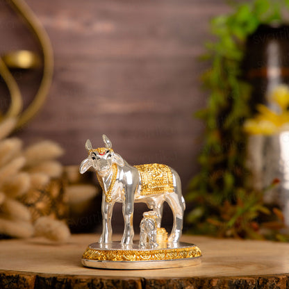 Auspicious Kamdhenu Cow with Calf Idol | Gold and Silver Plated