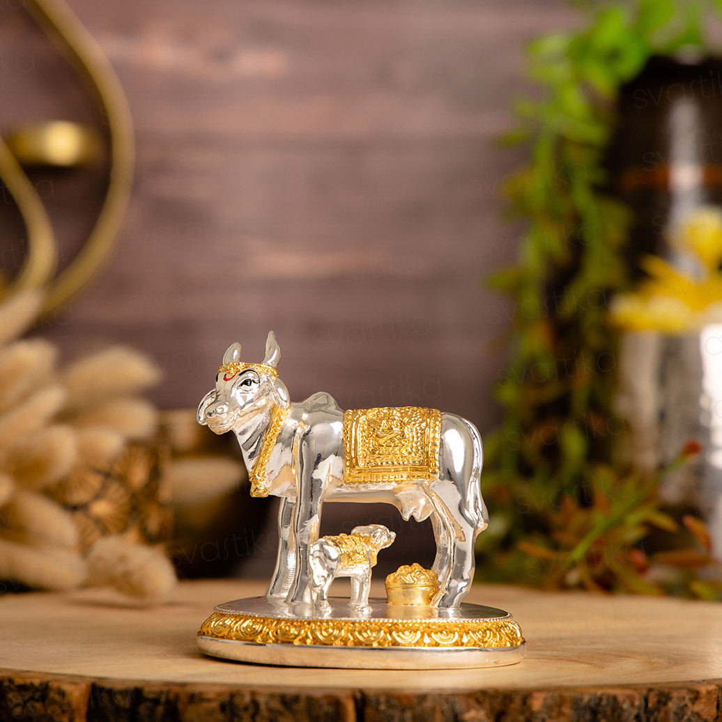 Auspicious Kamdhenu Cow with Calf Idol | Gold and Silver Plated