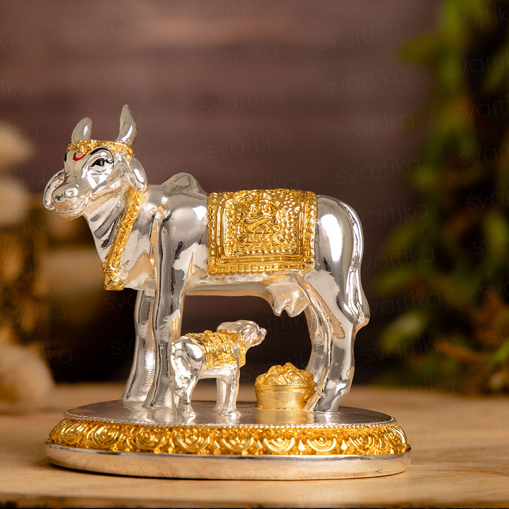 Auspicious Kamdhenu Cow with Calf Idol | Gold and Silver Plated