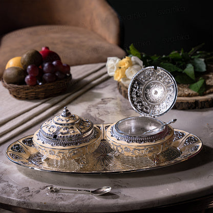 Serving Mukhwas Tray with Bowl - German Silver (15.5 Inch)