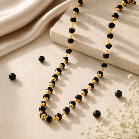 Gold Plated Eternal Karungali Mala - Natural Ebony Wood(54 beads, 8mm)
