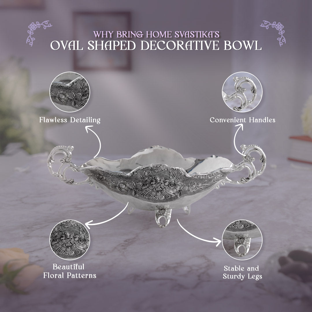 Oval Shaped Decorative Bowl- German Silver (9.5 Inch)