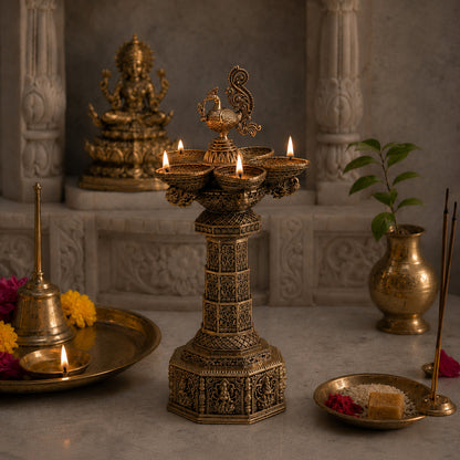 Brass AshtaLakshmi Peacock Diya (10 Inch)