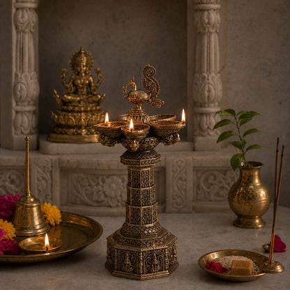 Brass AshtaLakshmi Peacock Diya (10 Inch)