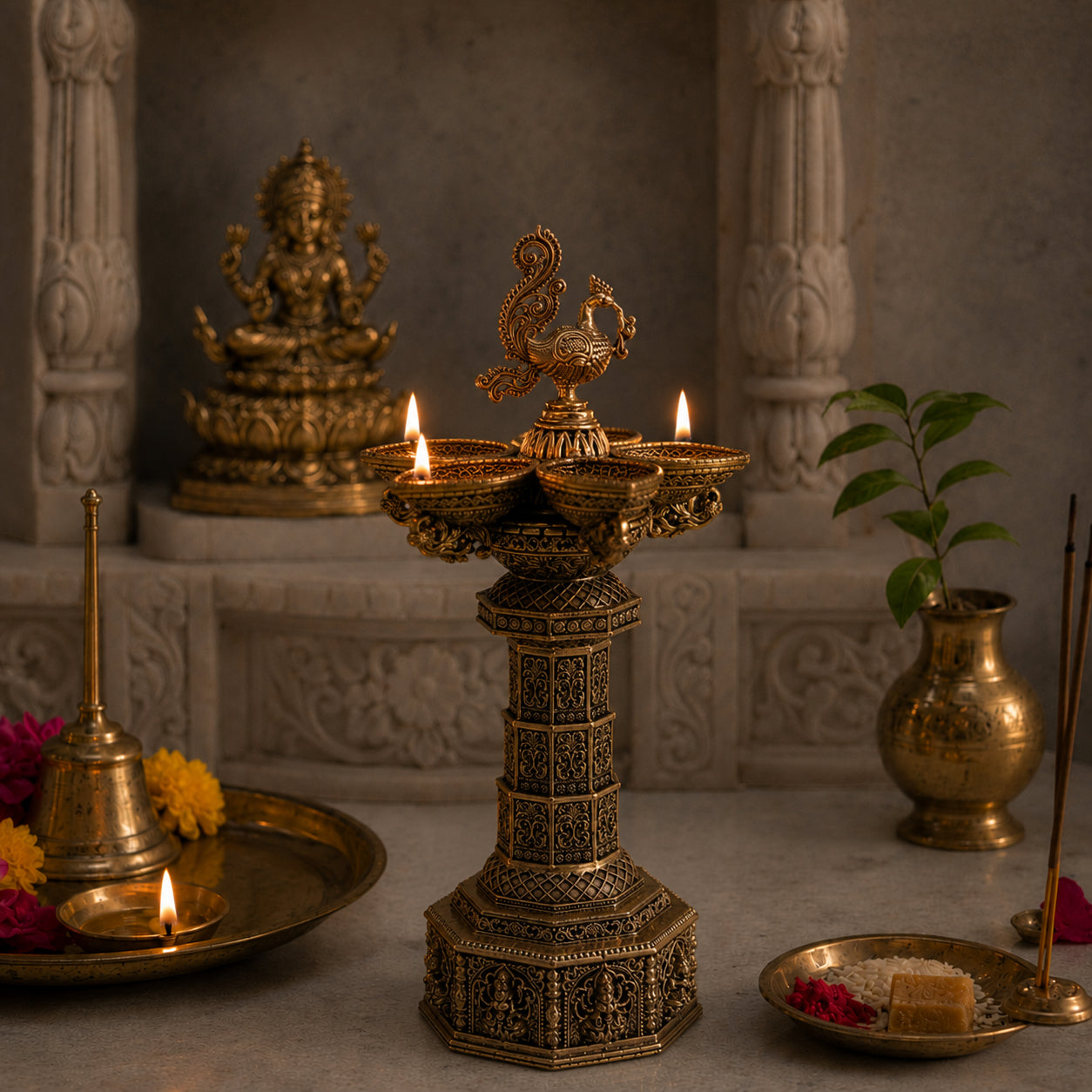 Brass AshtaLakshmi Peacock Diya (10 Inch)