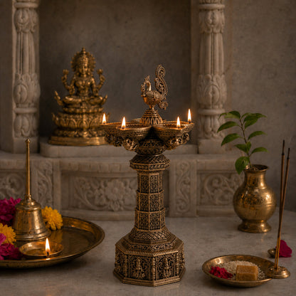 Brass AshtaLakshmi Peacock Diya (10 Inch)